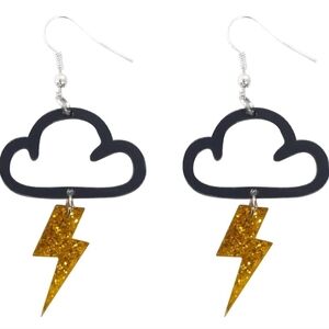 Women’s Jewelry Black Cloud Dangle Earrings with Sparkley Gold Lightning Bolt